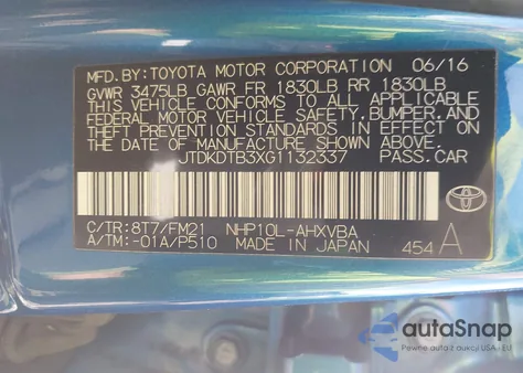 2016 Toyota Prius C Two from USA, damaged, VIN JTDKDTB3XG1132337